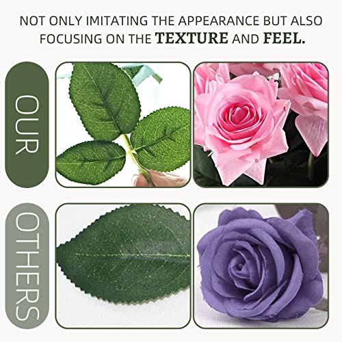 ZMZQ&flw 12PCs Artificial Roses, Real Touch Silk Flowers, Realistic Single Fake Flower with Stems Leaves for Wedding Table Bouquet Home Decor DIY, Light Pink - color: Light Pink 12pcs