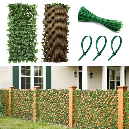 Patio Paradise 1PC Artificial Ivy Expandable Privacy Fence Screen Faux Greenery Wall Green Vines Leaf Hedge Outdoor Lattice Panels Covering for Apartment Balcony Deck Porch Backyard, Single-Side - color: Ivy Leaves