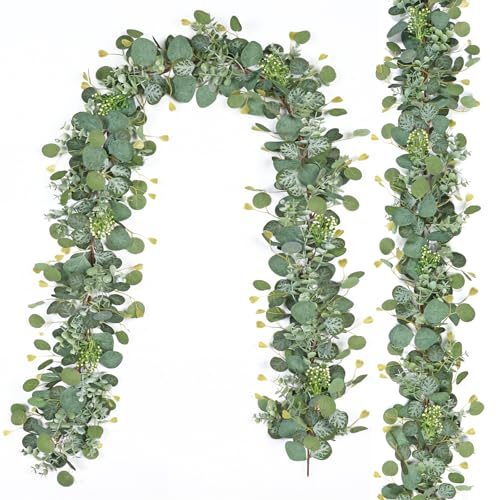 2PCS Eucalyptus Garland,5.9FT Artificial Greenery Garland with Berries,Green Spring Garland Decorations,Fake Silver Dollar Eucalyptus Leaves Wreath Garland for Table Home Mantle Wedding Decor - size: 2PCS