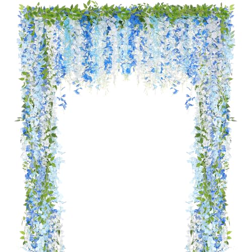Thiccywoov 4pcs Wisteria Artificial Flowers Garland, 7.2Ft/Piece Wisteria Hanging Flowers Garland for Wedding Arch Decoration Outdoor Ceremony Home Backdrop Garden (Light Blue,Dark Blue,White) - color: Light Blue, Dark Blue,white