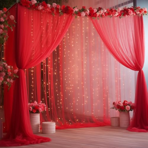 10ft x 8ft Red Backdrop Curtain with Lights String for Parties, Sheer Tulle Wedding Photo Backdrops Drapes for Baby Shower Birthday Party Decorations Background for Photography - color: Red, size: W5' x H8'(2 panels)