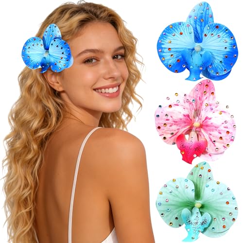 Mesovor 3 Pack Hawaiian Flower Hair Clips, Artificial Tropical Flower Orchid Hair Pin | Rhinestone Hairpins Hair Accessories for Wedding Bridal Beach Party (Blue Moth Orchid) - color: Blue Moth Orchid