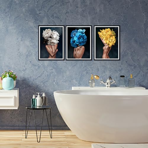 3 Piece Abstract Canvas Wall Art Sexy Women Nude Posters Wall Decor Girls with Colorful Flowers Head Prints Artwork for Living Room Bedroom Bathroom Hotel Framed Ready to Hang 12x16inchx3pcs - color: Art01, size: 12x16x3Pcs Black Framed