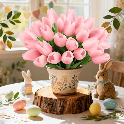 Artificial Tulips Flowers Fake Latex Tulip Stems - 30pcs Real Touch Faux Multicolor Tulips Flower for Easter Spring Wedding Bouquet Centerpiece Floral Arrangement Cemetery Table Decor - color: Pink 01