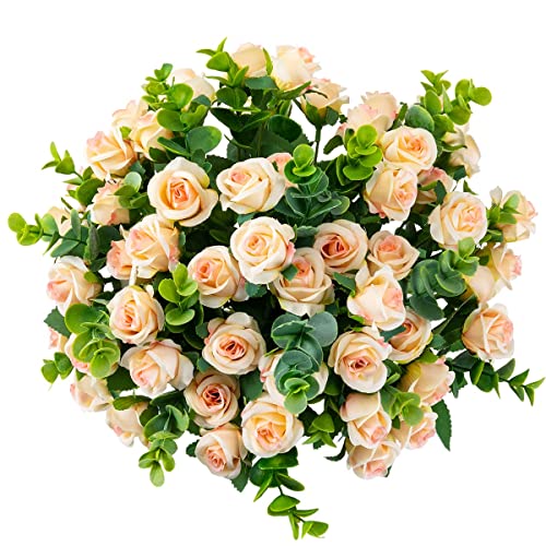 Artificial Flowers Fake Silk Rose for Decoration 33 Heads Small Roses Blooming Faux Flower Bouquet with Stem for DIY Vase Home Wedding Party 3 Pack Champagne - color: Champagne