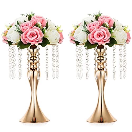 Nuptio 2 Pcs Versatile Metal Flower Arrangement Stand, 13.8in/35cm Height Elegant Wedding Centerpieces Flower Vase, Crystal Flower Stand for Wedding Party Dinner Event Restaurant Hotel Decoration - color: Gold, size: 2 x M
