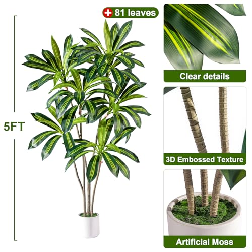 Artificial Trees Large Tall Fake Tree Fiddle Leaf fig Indoor Outdoor Realistic Big Faux Patio Plants Floor Dracaena Decorative for Home Living Room Office Bedroom Porch Outside Patio para decoracion - size: 5ft