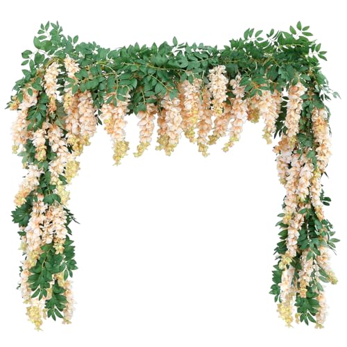 1pc/2pcs Encrypted Flower Vine Wisteria Artificial Flowers Garland,White Wisteria Hanging Flowers Garland Decorations for Home Garden Outdoor Ceremony Wedding Arch Decoration (Champagne Color, 2pcs) - color: Champagne Color, size: 2pcs