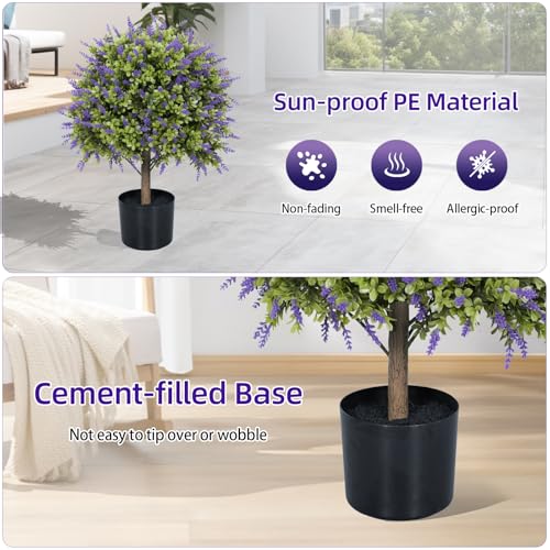 Artificial Lavender Topiary Ball Trees, 2 Set of UV Resistant Fake Evergreen Shrubs Bushes Plants, Faux Bushes for Outdoor Indoor Front Porch Garden Yard - color: Lavender, size: with Pot