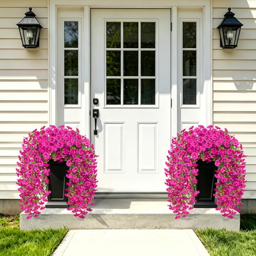 Artificial Flowers for Outdoors, 6-Pack 420 Blooms UV Resistant Hanging Morning Glory Silk Flowers Vines, Realistic Fake Plants Outside Decroation for Porch Patio Balcony Yard Garden (Lotus) - color: Lotus
