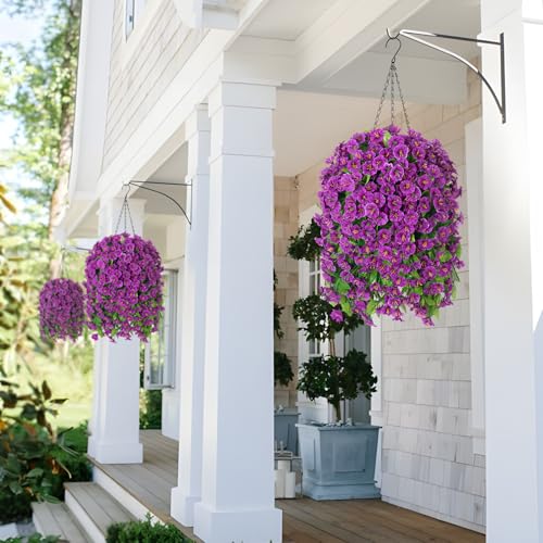 Ammyoo Artificial Faux Hanging Flowers Basket for Spring Summer Outdoor Porch Decor, Fake Silk Colorful Morning Glory Eucalyptus in Planter UV Resistant Look Real for Home Balcony Yard(Darkorchid) - color: Darkorchid