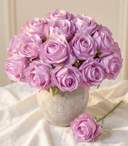 Ivydale 18pcs Pink Roses Artificial Flowers, Fake Roses Silk Flowers with Stems Realistic Bouquet for Mother's Day Wedding Party Home Decoration DIY Centerpiece Floral Romantic Gifts - color: Rose-pink