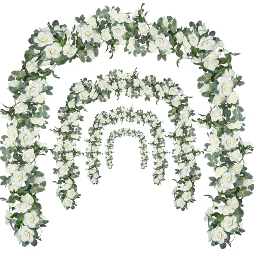 Flower Garland Rose Vine 4Pcs 28FT Artificial Floral Garland with Green Leaves Hanging Rose Vine for Wedding Party Garden Home Wall Decor (White) - color: White