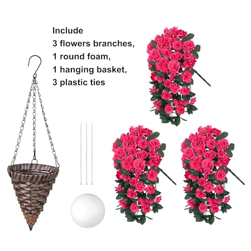 Artificial Geraniums Faux Hanging Plants Flowers Basket for Outdoors, Fake Silk Geraniums Vines in Planter UV Resistant Look Real Spring Summer Outdoor Decorations for Outside Yard Patio, Hotpink - color: Hotpink