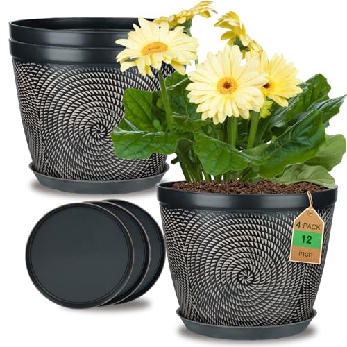 Quarut 12 Inch 4 Pack Large Plant Pots, Plastic Flower Pot for Indoor & Outdoor with Drainage Holes & Saucer, Circle Pattern Planters Garden Pots for Herbs - color: Circular Pattern-brown, size: 12 inch-4 Pack