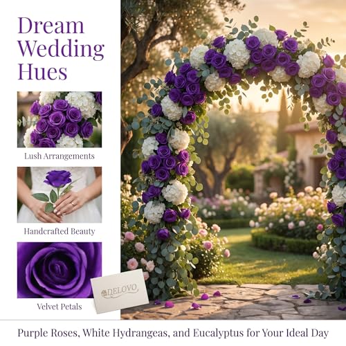 52pcs Purple Roses Artificial Flowers Fake Flowers Silk Roses with Stems for DIY Wedding Bouquets Bridal Shower Centerpieces Arrangements Party Decorations - color: Purple