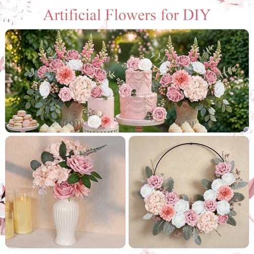 Artificial Flowers Combo Set, Fake Silk Flowers Decor with Stems for DIY Roses Wedding Party Centerpieces Bridal Bouquets Cake Decorations Arrangements Indoor Outdoor(Dusty Pink) - color: Dusty Pink
