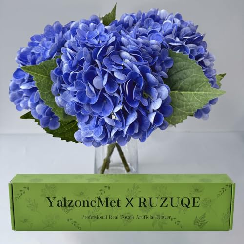 YalzoneMet 3 PCS Dark Blue Hydrangea Artificial Flowers 21 inches Real Touch Faux Latex Hydrangea Flowers for Wedding Tables Centerpieces Royal Blue Fake Flowers for Party Home Kitchen Decor - color: Dark Blue