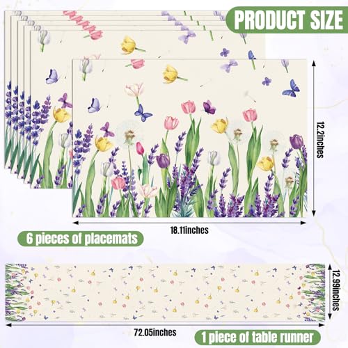 VitalCozy 7 Pcs Spring Table Runner and Placemats Tulip Table Runner Placemats Set 72 x 13 Inch Linen Farmhouse Rustic Floral Lavender Tulip Tablecloth for Spring Summer Party Decoration - style: Lavender, Tulip