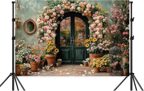 6X4ft Flower Backdrop Coloful Floral Arch Retro Door Photography Backdrops Modern Interior Rustic Style Wall Decoration Wedding Portrait Background Studio Photo Booth Props - color: Multi4, size: 6X4ft