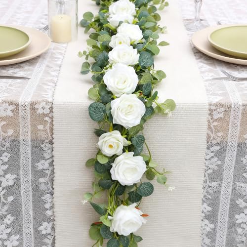6FT Artificial Eucalyptus Garland with 14 Fake White Rose Flowers - Floral Greenery Decoration Vine for Wedding Centerpieces, Table Runner, Backdrop, Arch Wall Decor,Indoor/Outdoor (2 PCS) - size: 2 Packs