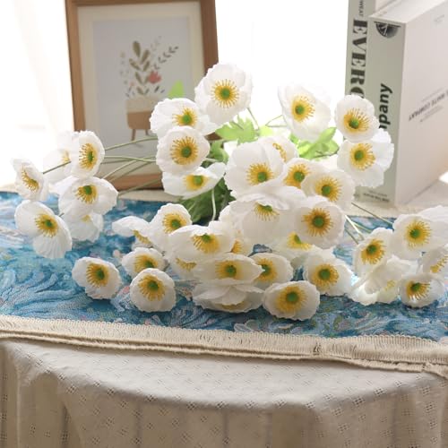 10 Pcs White Artificial Poppy Flowers with 40 Heads Lifelike Silk Fake Poppies for Vase Faux Poppies Flowers for Spring Wedding Home Table Centerpiece Baby Shower Veterans Day Decor (White) - color: White