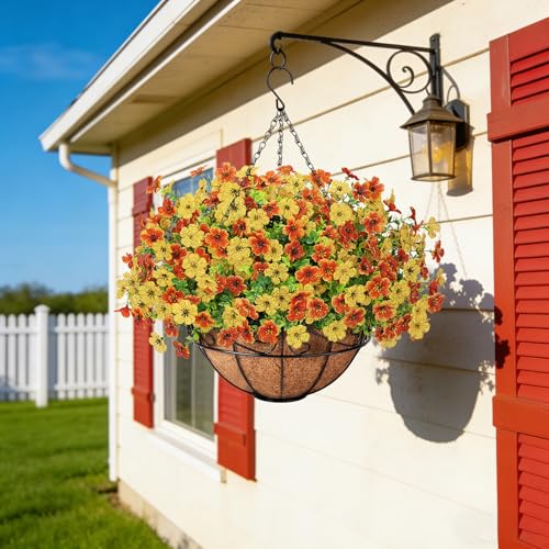 Artificial Fake Hanging Flowers Plants Basket Outdoors, Faux Silk UV Resistant Look Real Daisy Eucalyptus for Spring Summer Garden Porch Home Patio Balcony Yard Decorations, Orange Yellow - color: Orange and Yellow