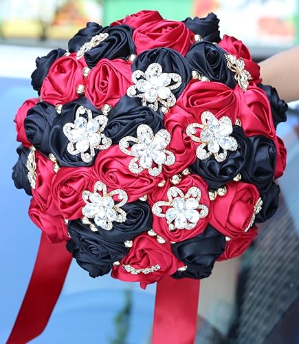 Sharebeauty 7.1" Handmade Satin Rose Bridal Bouquet Toss Round Wedding Bouquet Throw Toss Artificial Flower Bunch Ruby Red + Black - color: 809a Ruby Red/Black, size: 7.1"/18cm