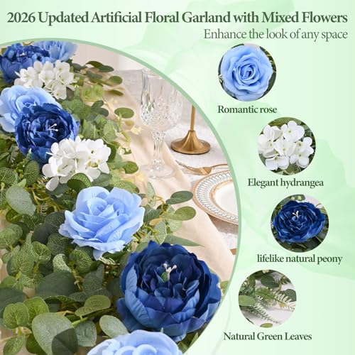 Livole 2Pcs 12 Ft Artificial Flower Garland Fake Blue Rose Peony Floral Garland with Eucalyptus Flower Hanging Vine for Wedding Arch Table Centerpieces Backdrop Party Home Decorations - color: Blue, size: 2 Pcs