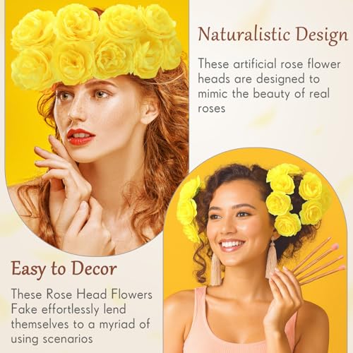 Thiccywoov 50 Pcs Artificial Flowers, 3.2 Inches Silk Rose Head Flowers Fake No Stem for Wedding Bridal Bouquet Home Floral Decor DIY Centerpieces Arrangements Party Tables Decoration(Yellow) - color: Yellow