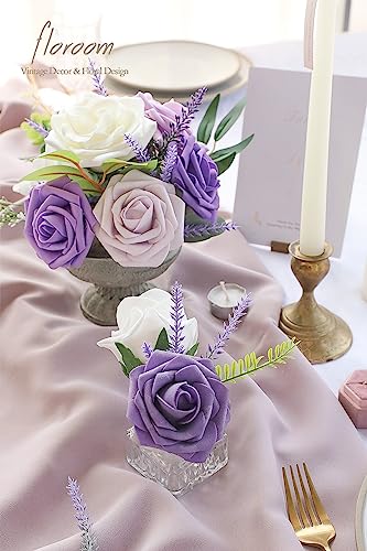 Floroom Artificial Purple Lavender, 4 Bushes Flocked Fake Lilac Flower for Wedding Bouquet DIY Table Centerpieces and Floral Arrangement Decoration