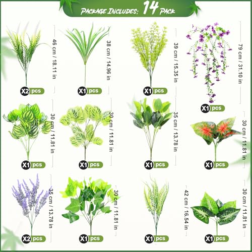Artificial Plants Outdoor UV Resistant, 14 Bundles Faux Greenery for Outdoors, Fake Plants for Outdoor Planters, Planter Fillers for Front Porch, Window Boxes, Patio & Garden Decor - color: Green 801