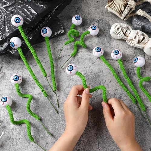 Wavwavw 12 Pcs Halloween Eyeball Picks Halloween Floral Picks 10 Inch Branch Green Decoration Stems Props Decor for Home Office Party Indoor Gifts(Green) - color: Green