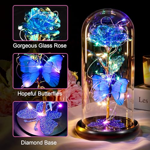 Gifts for Mom Birthday Gifts for Women Blue Rose Eternal Flower Light Up Rose in Glass Dome with Butterfly, Galaxy Crystal Flowers Gifts for Grandma Wife Daughter Her Delivery Prime - color: Sky Blue