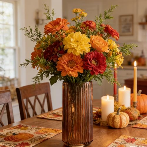 TIMEFOTO Flower Vase 7.5 inch Amber Thickened Hand Blow Glass Vase Round Vintage Striped Bottles for Bookshelf,Dinner Table,Indoor Office Desktop,Meeting Room,Bathroom,Countertop,Home - color: Glass Amber, size: 7.5 inch