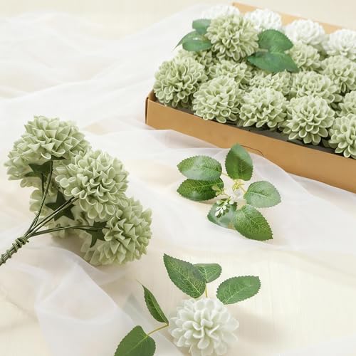 Artificial Flowers, 25pcs Realistic Artificial Rose for DIY Wedding Bouquets Centerpieces Arrangements, Sage Green Dahlia Flowers with Stem for Bridal Shower Party Home Decorations - color: Sage Green Dahlia, size: 25pcs