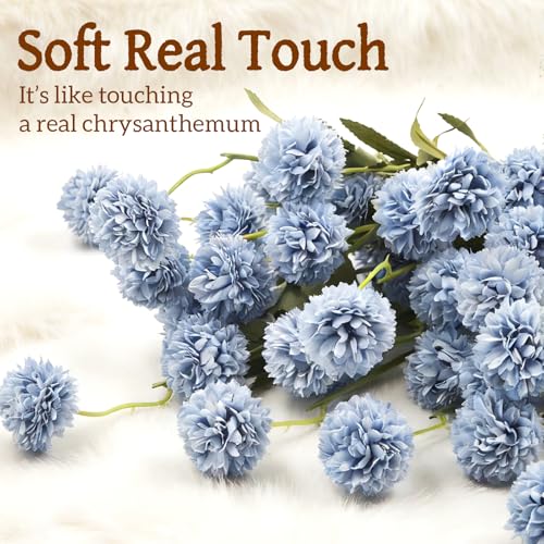 8pcs Blue Fake Flowers Silk Pompon Mum Artificial Flowers,Mini Artificial Chrysanthemums with Stems,Faux Flowers For Vase,for Wedding Centerpieces, flower arrangements, vase fillers, and home decor - color: Blue