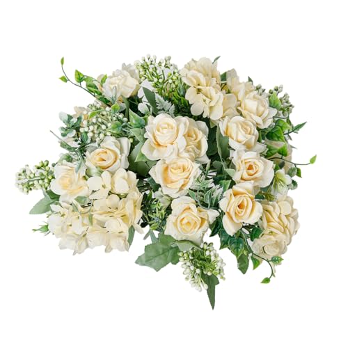 Artificial Flower 4 Packs 5 Branches Silk Fake Flowers Bouquet Small Roses for Wedding Home Office Tables Decor (Champagne) - color: Champagne-1