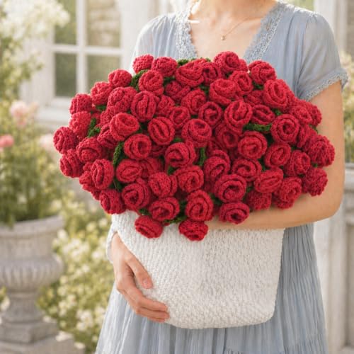 Crochet Flower Bouquet Throw Blanket, Cute Romantic Gift for Her Girlfriend Mom Mother’s Day Valentine Wedding Anniversary Birthday (Red, 60 inches) - color: Red, size: 60 inches