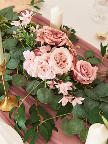 MISSPIN 8FT Eucalyptus and Willow Leaf Garland with Artificial Flowers Fake Flower Peony Rose Vine Greenery Decorative Wall Hanging Plant for Spring Wedding Arch Door Arrangement Party Decor - color: Dusty Cream