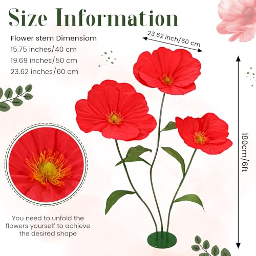 6ft Red Giant Flowers for Decoration with Stand, Large Artificial Poppy, Big Paper Flower Decor for Garden Wedding Party Photography Props Hotel Office Art Gallery Shop Window Display - color: Red