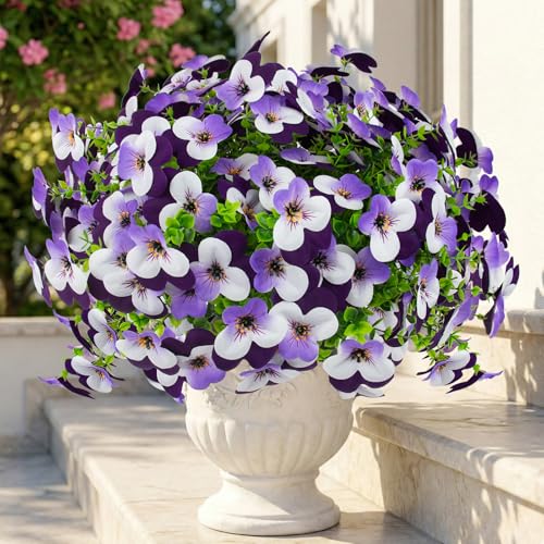 16 Pcs Artificial Pansy Flowers for Outdoors Purple Faux Silk Spring Flowers for Outside, UV Resistant Realistic Pansies for Window Front Door Porch Home Decor (16, Light Purple,White,Purple) - color: Light Purple,white,purple