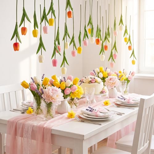 12 Pack 6 Colors 5 ft Artificial Tulips Hanging Flower Garland Decorations Spring Summer Dangling Faux Tulip Floral Vine Strings with Hooks for Wall Ceiling Wedding Tea Party - color: 6 Colors
