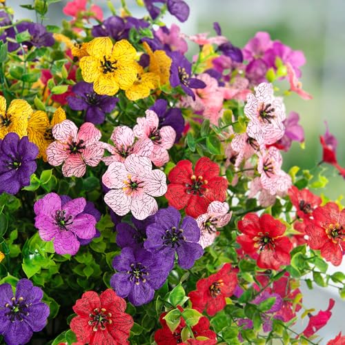Ammyoo Artificial Flowers for Outdoors Spring Decoration, 12 Bundles Fake Flower Daisy with Realistic Eucalyptus Leaves, Faux Plants for Greenery Boxwood Porch Patio Garden Pot Lawn - color: Purple Deep-purple Rose-red Pink Yellow Red