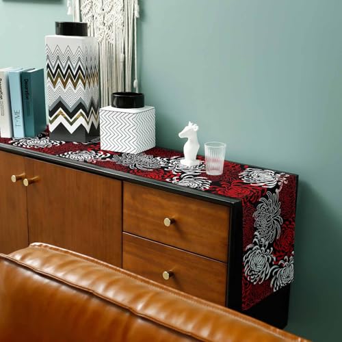 Floral Table Runner-Red Black White Cotton linen-Long 72 inche Dresser Scarves,Flower Tablerunner for Kitchen Coffee/Dining Table Bedroom Home Living Room,Scarf Decor for Summer Spring Holiday Dinner - color: Texturezld1111, size: 13x72 Inch