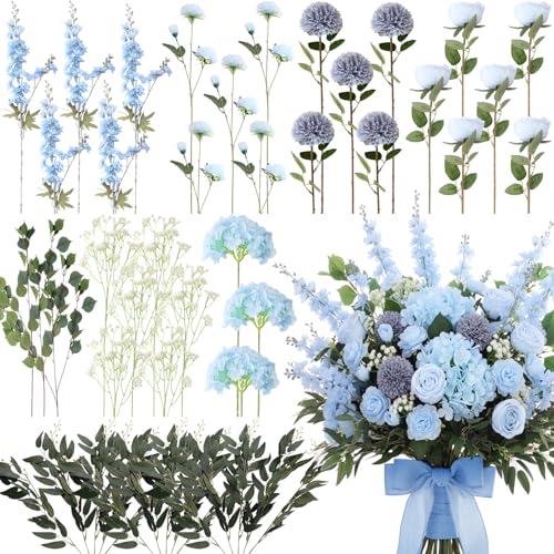 Suncalla 36 Pcs Blue Artificial Flowers Bouquet Set 8 Kind Faux Delphinium Rose Peony Chrysanthemum Hydrangea Baby's Breath Florals with Greenery Long Stem for Wedding Table Vase Decor - color: Blue