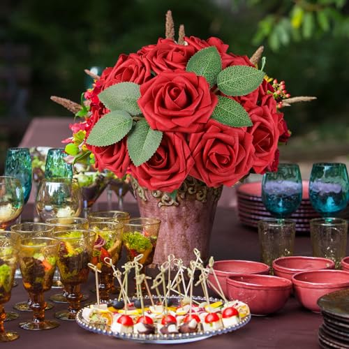 AmyHomie 25pcs Real Looking Artificial Red Roses w/Stem for DIY Wedding Bouquets Centerpieces Arrangements Party Baby Shower Valentines Day Christmas Tree Decorations - color: Red