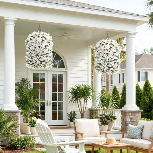 Hoppwodd Artificial Flower for Outdoors 4pcs Fake Lily Hanging Flower Baskets for Outside UV Resistant Silk Faux Long Trailing Vines for Garden Porch Patio, White - color: White