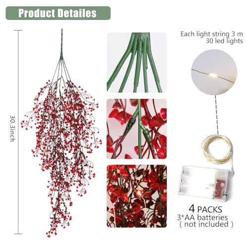RECUTMS Artificial Hanging Fern Lighted with 30 LED Fake Hanging Ivy Vines Plastic Faux Greenery Plants for Home Wall Bedroom Garden Wedding Outside Decor Pack of 4 (Red) - color: Red-light