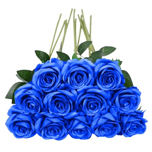 12pcs Rose Artificial Flowers, Fake Rose Silk Flower Bouquet, Faux Roses with Stems - 50cm, Roses Decor for Wedding & Home Decoration (Blue) - color: Blue